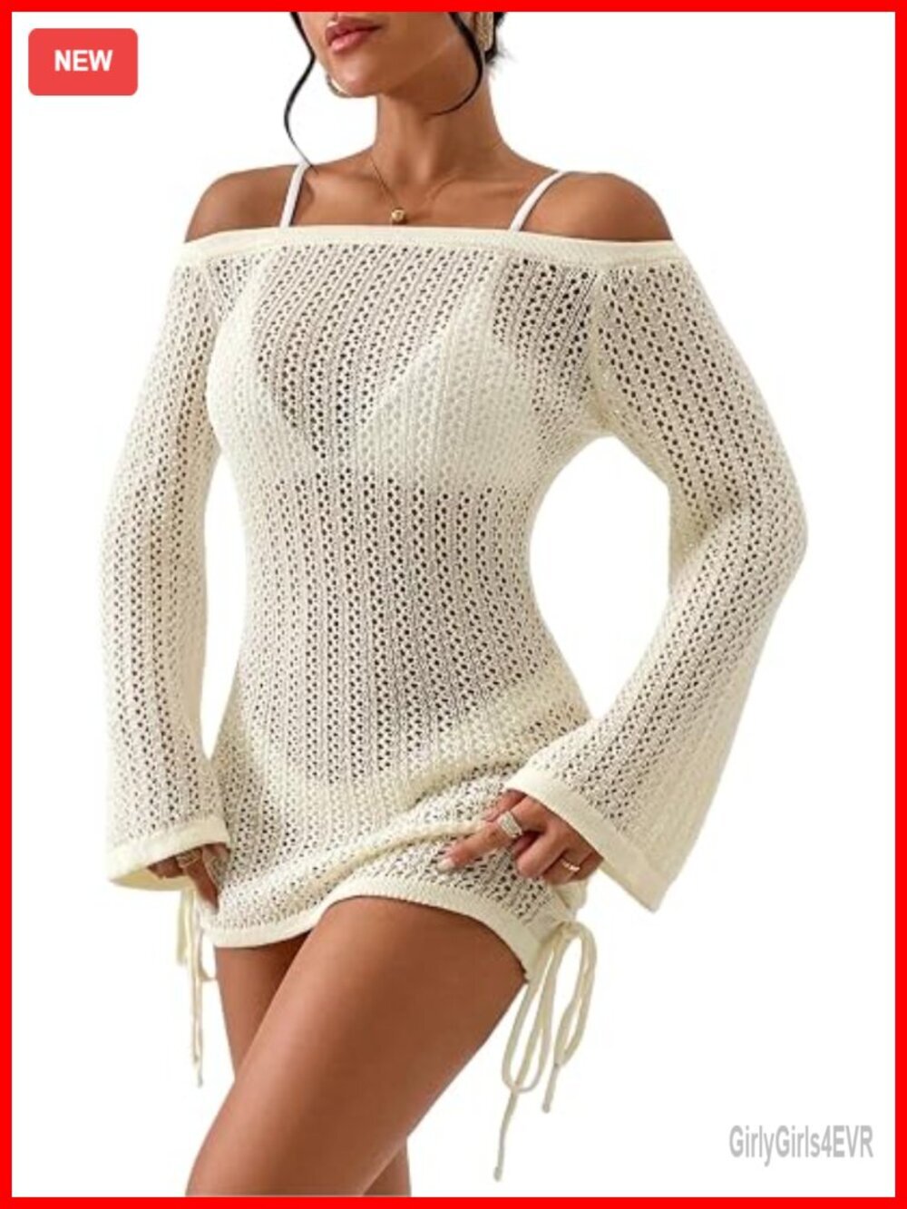 Crochet Knit Mesh Bathing Suit Cover Up Dress Drawstring